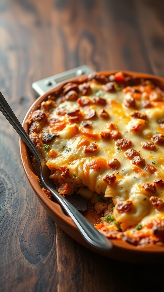 A baked casserole dish with pasta and cheese on a wooden table.